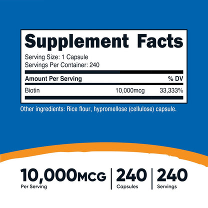 Nutricost Biotin 10.000 mcg (10 mg) Vitamin B7 Nahrungsergänzungsmittel - 240 Kapseln, Vegetarisch, Glutenfrei, Ohne Gentechnik