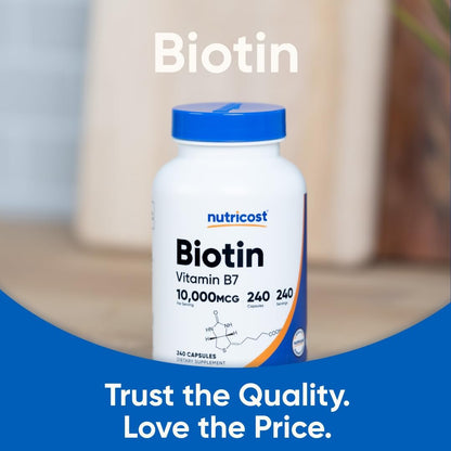 Nutricost Biotin 10.000 mcg (10 mg) Vitamin B7 Nahrungsergänzungsmittel - 240 Kapseln, Vegetarisch, Glutenfrei, Ohne Gentechnik