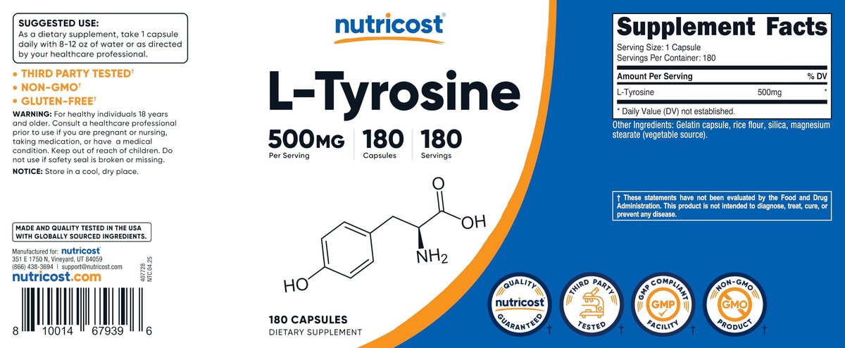 Nutricost L-Tyrosin 500mg, 180 Kapseln – Glutenfrei & Nicht-GVO