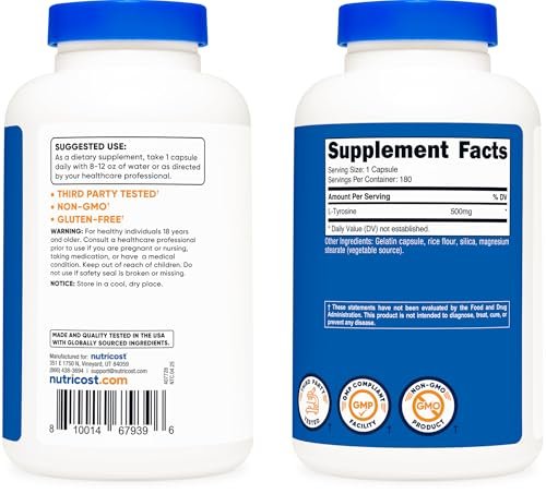 Nutricost L-Tyrosin 500mg, 180 Kapseln – Glutenfrei & Nicht-GVO