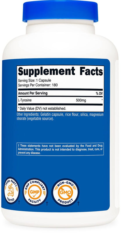 Nutricost L-Tyrosin 500mg, 180 Kapseln – Glutenfrei & Nicht-GVO