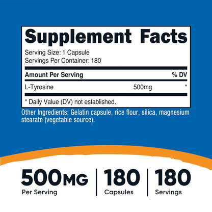 Nutricost L-Tyrosin 500mg, 180 Kapseln – Glutenfrei & Nicht-GVO