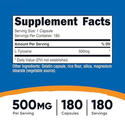 Nutricost L-Tyrosin 500mg, 180 Kapseln – Glutenfrei & Nicht-GVO