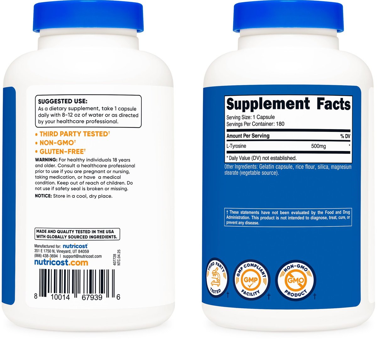 Nutricost L-Tyrosin 500mg, 180 Kapseln – Glutenfrei & Nicht-GVO