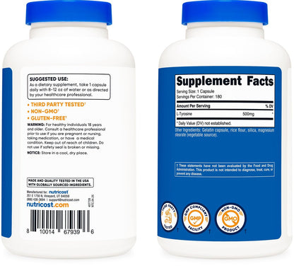 Nutricost L-Tyrosin 500mg, 180 Kapseln – Glutenfrei & Nicht-GVO