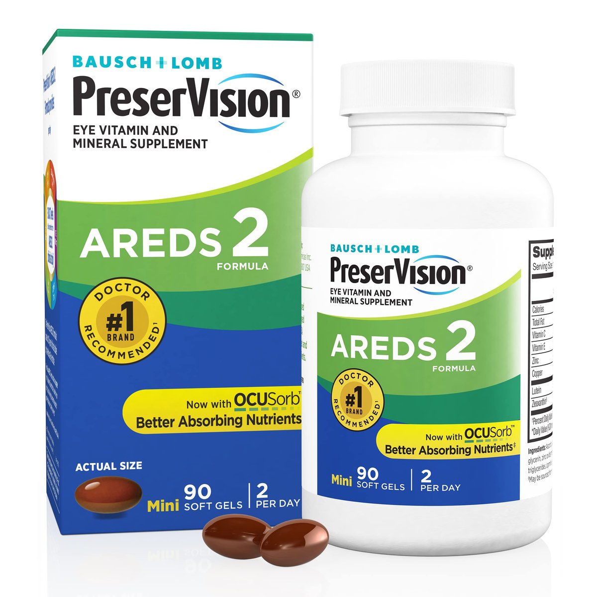 PreserVision AREDS 2 Augenvitamine – Lutein & Zeaxanthin mit Vitamin C, E, Zink & Kupfer, 90 Minigel-Kapseln