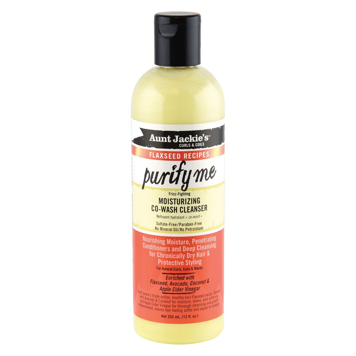 Aunt Jackie's Flaxseed Recipes Purify Me Feuchtigkeitsspendende Co-Wash Haarreinigung für chronisch trockenes Haar und Schutzfrisuren, 355 ml