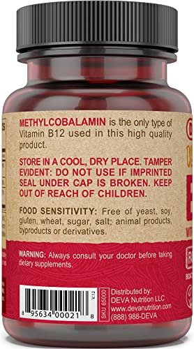 DEVA Vegan Vitamin B12 Fast Dissolve Supplement – Einmal täglich Komplex mit 1000 µg Methylcobalamin B12, Folsäure, B6 – Zitronengeschmack – 90 lösliche Tabletten