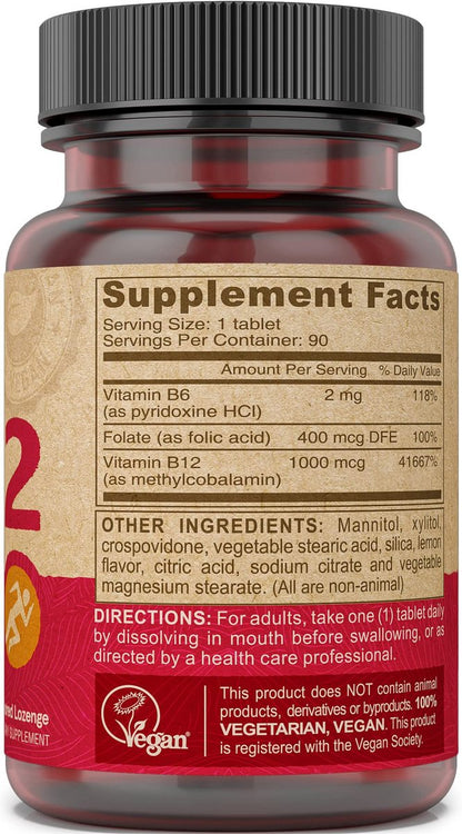 DEVA Vegan Vitamin B12 Fast Dissolve Supplement – Einmal täglich Komplex mit 1000 µg Methylcobalamin B12, Folsäure, B6 – Zitronengeschmack – 90 lösliche Tabletten