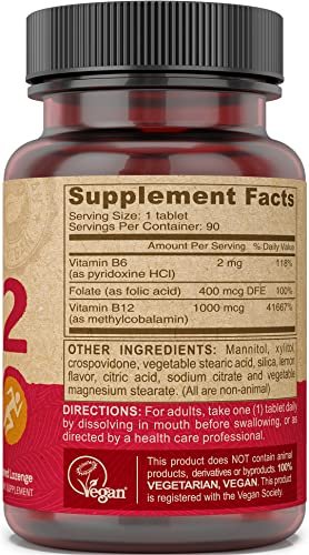 DEVA Vegan Vitamin B12 Fast Dissolve Supplement – Einmal täglich Komplex mit 1000 µg Methylcobalamin B12, Folsäure, B6 – Zitronengeschmack – 90 lösliche Tabletten