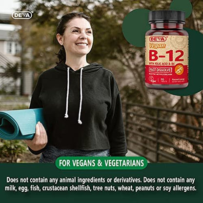 DEVA Vegan Vitamin B12 Fast Dissolve Supplement – Einmal täglich Komplex mit 1000 µg Methylcobalamin B12, Folsäure, B6 – Zitronengeschmack – 90 lösliche Tabletten