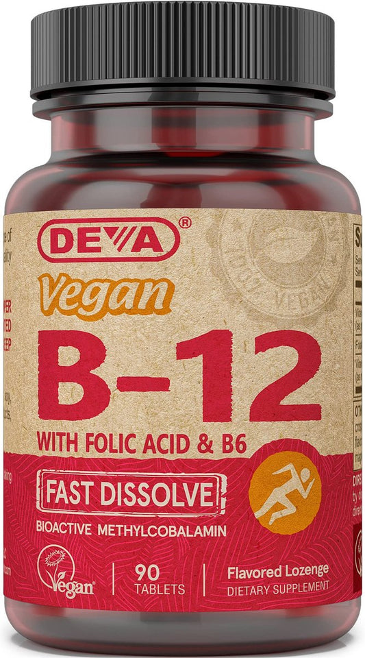 DEVA Vegan Vitamin B12 Fast Dissolve Supplement – Einmal täglich Komplex mit 1000 µg Methylcobalamin B12, Folsäure, B6 – Zitronengeschmack – 90 lösliche Tabletten