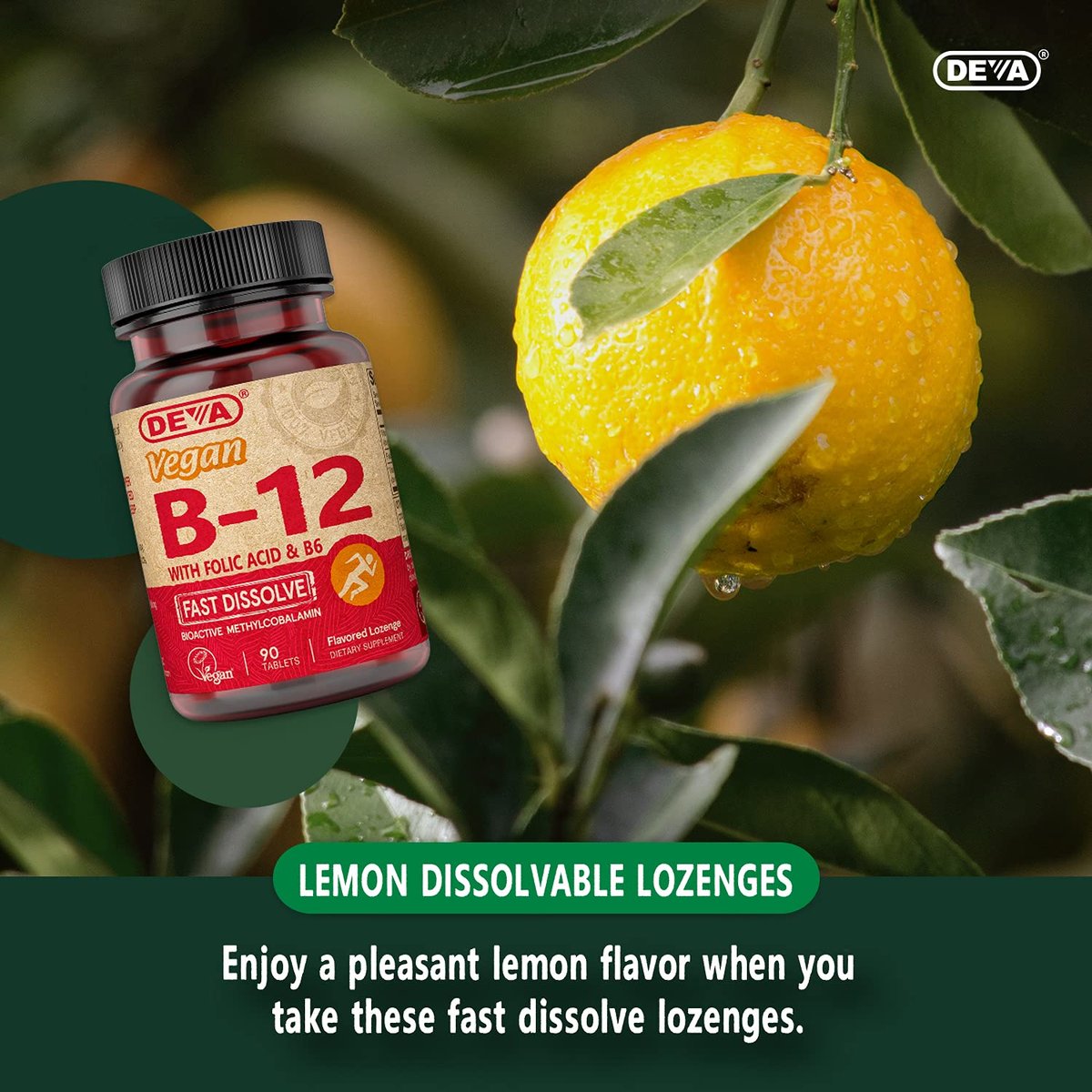 DEVA Vegan Vitamin B12 Fast Dissolve Supplement – Einmal täglich Komplex mit 1000 µg Methylcobalamin B12, Folsäure, B6 – Zitronengeschmack – 90 lösliche Tabletten