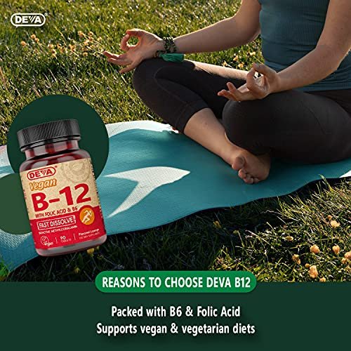 DEVA Vegan Vitamin B12 Fast Dissolve Supplement – Einmal täglich Komplex mit 1000 µg Methylcobalamin B12, Folsäure, B6 – Zitronengeschmack – 90 lösliche Tabletten