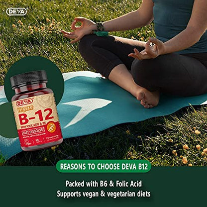 DEVA Vegan Vitamin B12 Fast Dissolve Supplement – Einmal täglich Komplex mit 1000 µg Methylcobalamin B12, Folsäure, B6 – Zitronengeschmack – 90 lösliche Tabletten