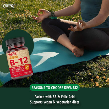 DEVA Vegan Vitamin B12 Fast Dissolve Supplement – Einmal täglich Komplex mit 1000 µg Methylcobalamin B12, Folsäure, B6 – Zitronengeschmack – 90 lösliche Tabletten