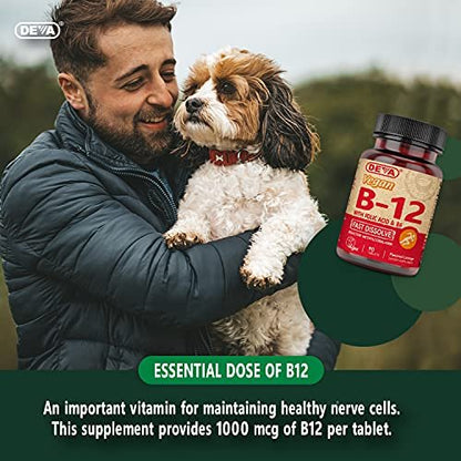 DEVA Vegan Vitamin B12 Fast Dissolve Supplement – Einmal täglich Komplex mit 1000 µg Methylcobalamin B12, Folsäure, B6 – Zitronengeschmack – 90 lösliche Tabletten