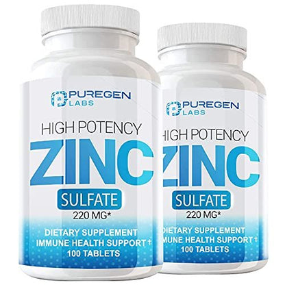Puregen Labs Zinksulfat 220 mg Nahrungsergänzungsmittel Tabletten – 100 Stück (2er-Pack)