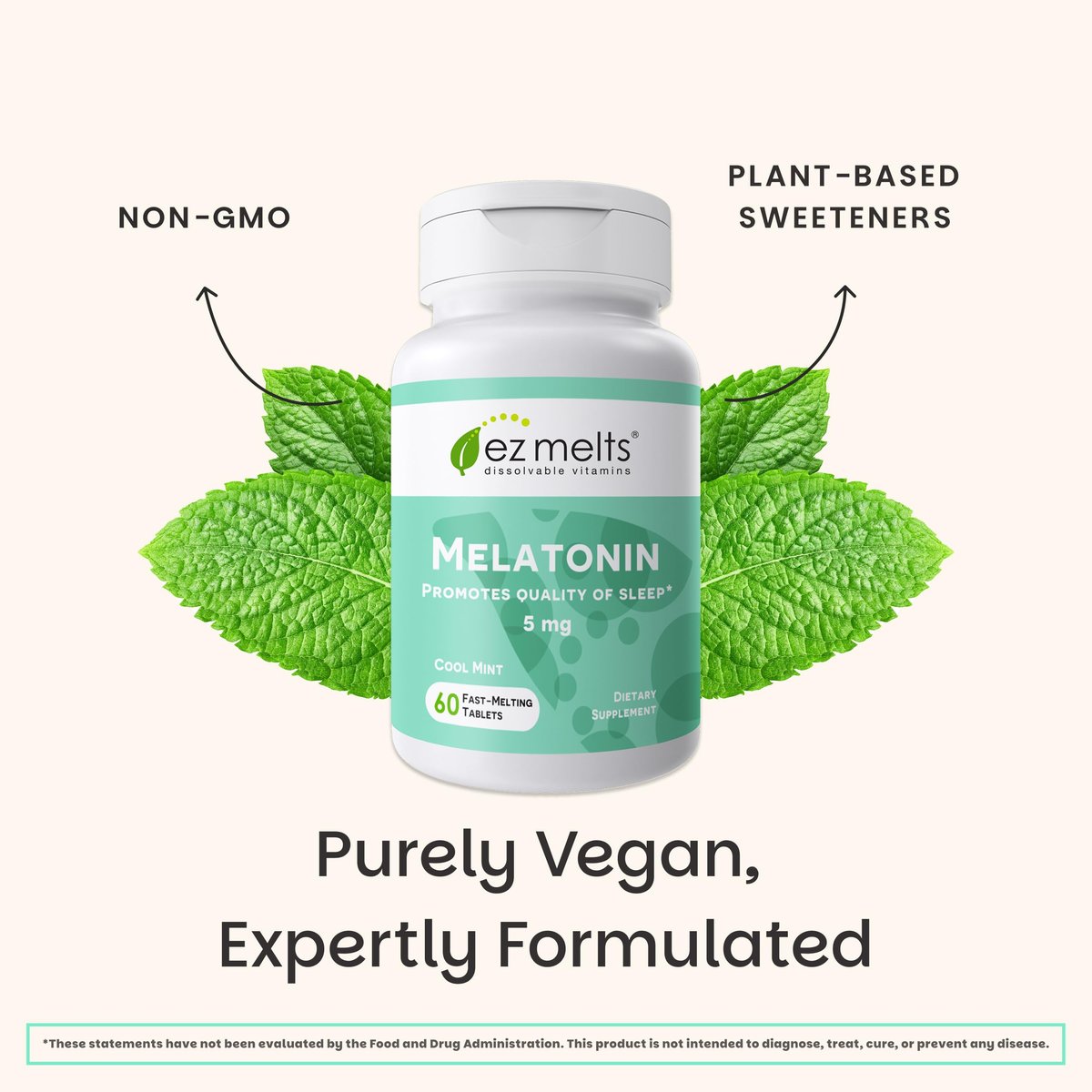 EZ Melts Melatonin – Einschlafhilfe ohne künstliche Aromen – Nicht-GVO & zuckerfrei – Cool Mint – 60 Schmelztabletten (60 Portionen)