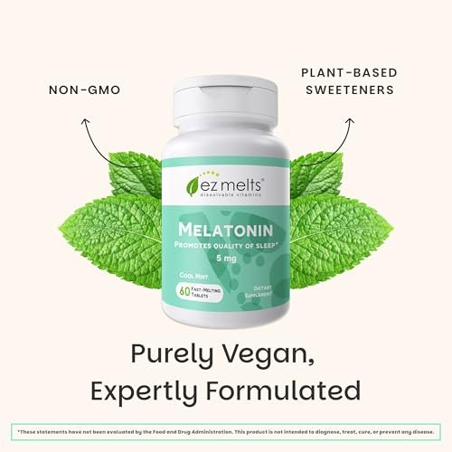 EZ Melts Melatonin – Einschlafhilfe ohne künstliche Aromen – Nicht-GVO & zuckerfrei – Cool Mint – 60 Schmelztabletten (60 Portionen)