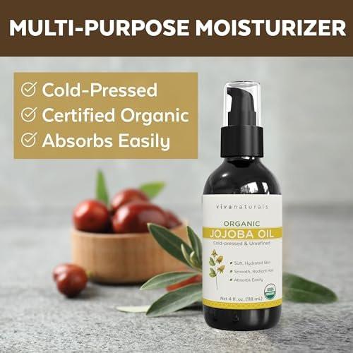 Viva Naturals Bio Jojobaöl – Rein, kaltgepresst für Haut und Haar, USDA Bio-Gesichtsfeuchtigkeitscreme, 118 ml
