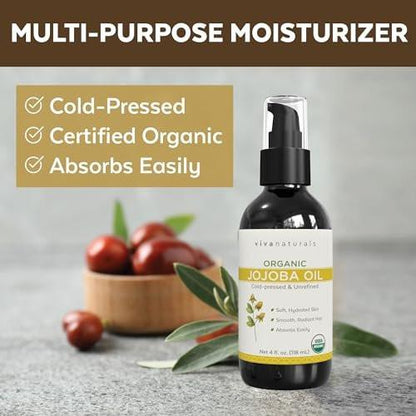 Viva Naturals Bio Jojobaöl – Rein, kaltgepresst für Haut und Haar, USDA Bio-Gesichtsfeuchtigkeitscreme, 118 ml