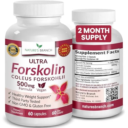 Ultra Forskolin zur Gewichtsunterstützung 500 mg – Höchste Konzentration Coleus Forskohlii Wurzelpulver Extrakt für Männer & Frauen, für die Herzgesundheit – Extra starke Energiekomplex, (2-Monats-Vorrat) 60 Kapseln