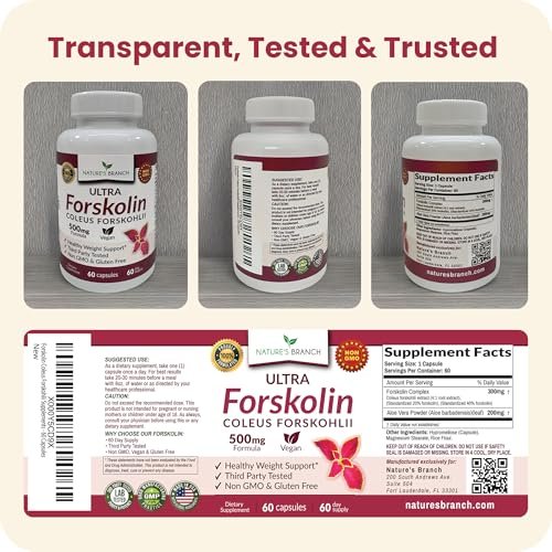 Ultra Forskolin zur Gewichtsunterstützung 500 mg – Höchste Konzentration Coleus Forskohlii Wurzelpulver Extrakt für Männer & Frauen, für die Herzgesundheit – Extra starke Energiekomplex, (2-Monats-Vorrat) 60 Kapseln