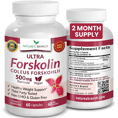 Ultra Forskolin zur Gewichtsunterstützung 500 mg – Höchste Konzentration Coleus Forskohlii Wurzelpulver Extrakt für Männer & Frauen, für die Herzgesundheit – Extra starke Energiekomplex, (2-Monats-Vorrat) 60 Kapseln