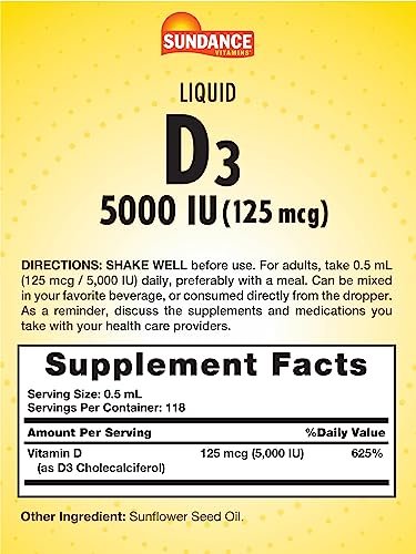 Sundance Flüssiges Vitamin D3 5000 IE | 59 ml | Essentielle Vitamin-Tropfen | Vegetarisch, Nicht-GVO, Glutenfrei