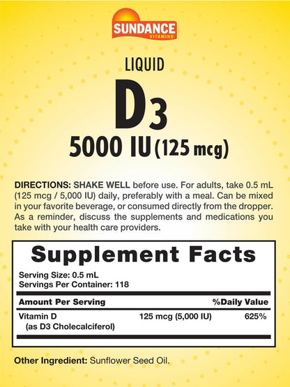 Sundance Flüssiges Vitamin D3 5000 IE | 59 ml | Essentielle Vitamin-Tropfen | Vegetarisch, Nicht-GVO, Glutenfrei