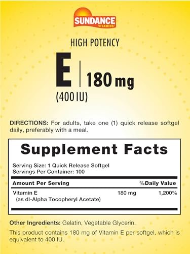 Sundance Vitamin E 180mg (400 IE) | 100 Weichkapseln | Hochdosiert | Non-GMO & Glutenfrei