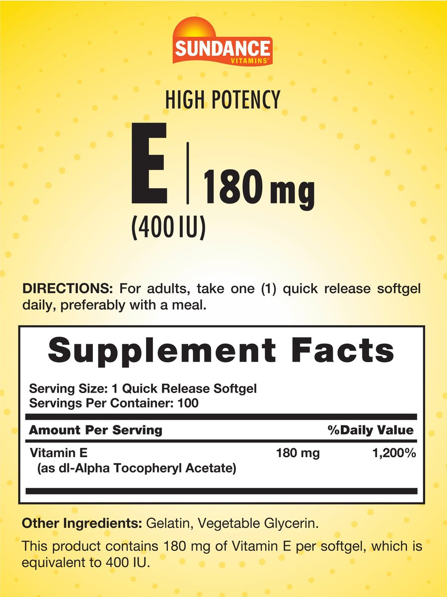 Sundance Vitamin E 180mg (400 IE) | 100 Weichkapseln | Hochdosiert | Non-GMO & Glutenfrei