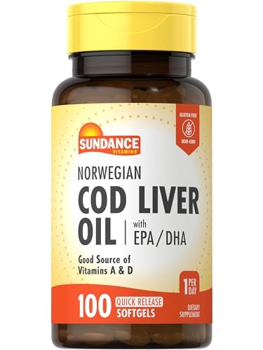 Sundance Norwegisches Lebertranöl | 100 Softgels | mit EPA und DHA | Gute Quelle für Vitamine A & D | Nicht-GVO und glutenfrei