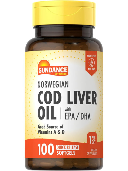 Sundance Norwegisches Lebertranöl | 100 Softgels | mit EPA und DHA | Gute Quelle für Vitamine A & D | Nicht-GVO und glutenfrei