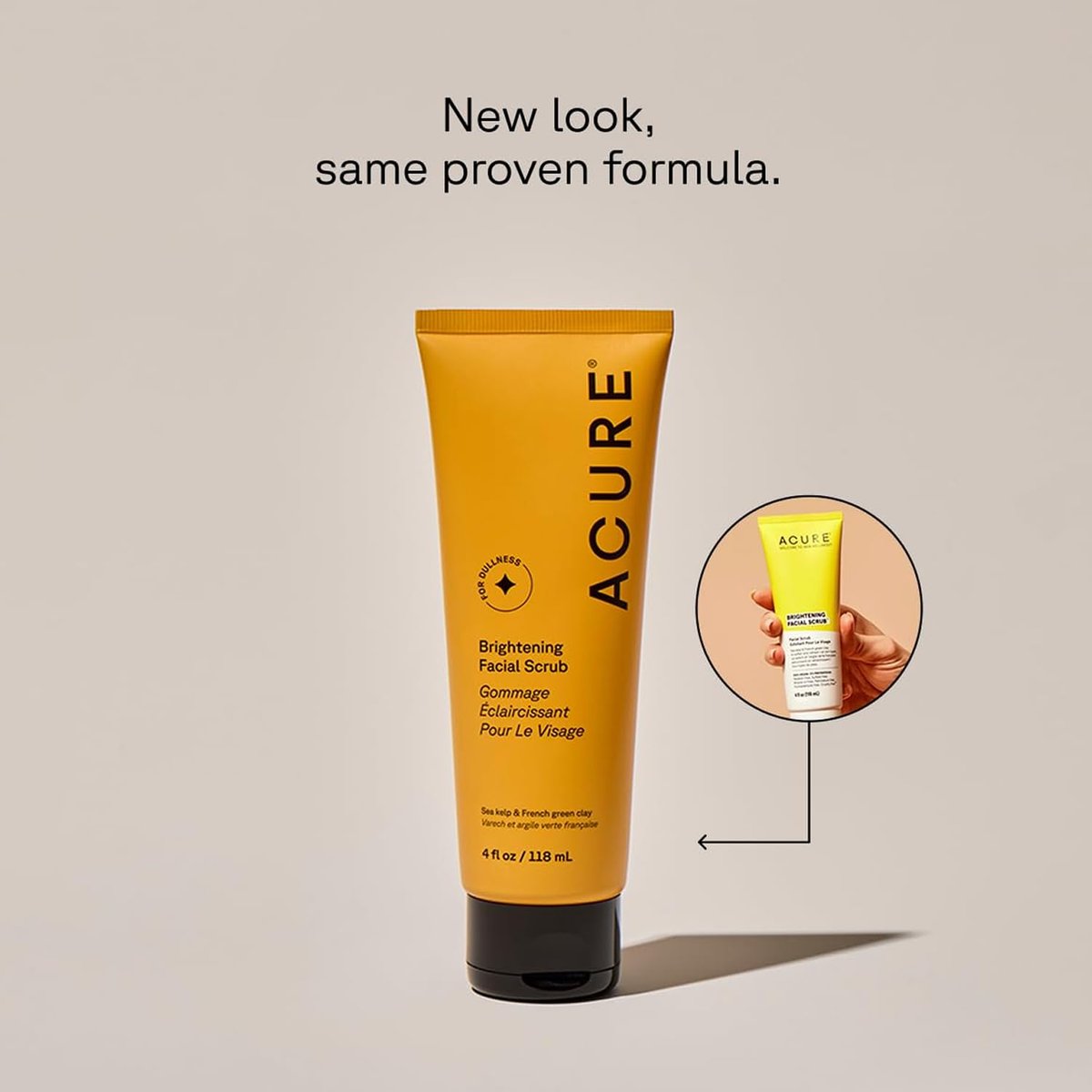 Acure Brightening Facial Scrub – Sanftes Peeling-Gesichtswasser für strahlende Haut mit Meeresalgen & französischer grüner Tonerde, 118 ml