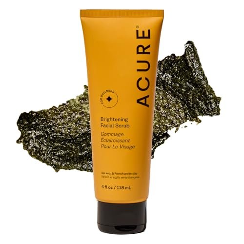 Acure Brightening Facial Scrub – Sanftes Peeling-Gesichtswasser für strahlende Haut mit Meeresalgen & französischer grüner Tonerde, 118 ml