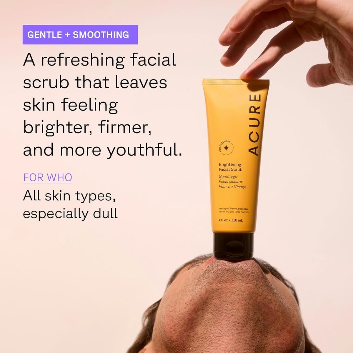 Acure Brightening Facial Scrub – Sanftes Peeling-Gesichtswasser für strahlende Haut mit Meeresalgen & französischer grüner Tonerde, 118 ml