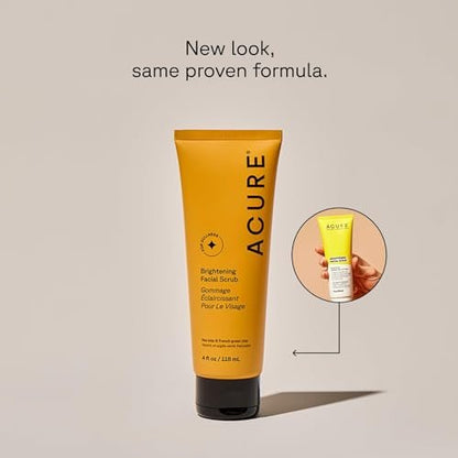 Acure Brightening Facial Scrub – Sanftes Peeling-Gesichtswasser für strahlende Haut mit Meeresalgen & französischer grüner Tonerde, 118 ml