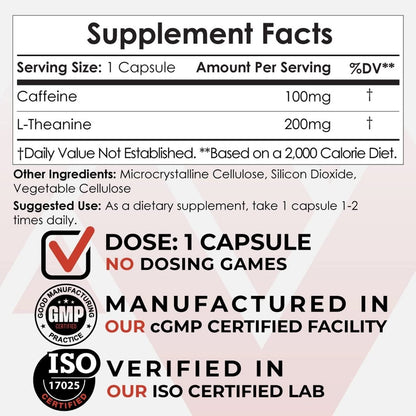 Nootropics Depot Koffein und L-Theanin Kapseln | 60 Kapseln | 100 mg Koffein + 200 mg L-Theanin | Natürliches Nahrungsergänzungsmittel | Energie-Booster | Mentale Konzentration + Wachsamkeit | Kaffee-Alternative