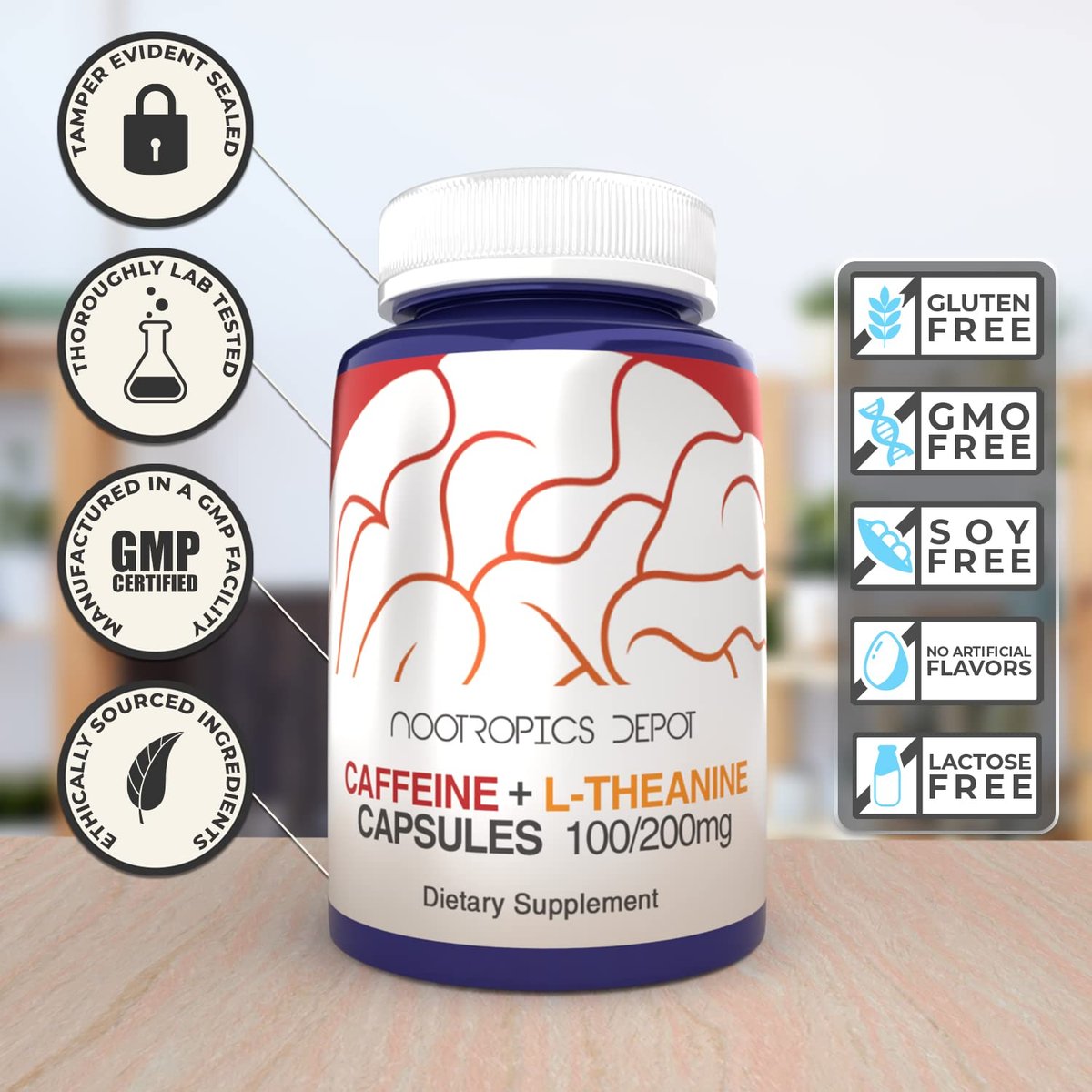 Nootropics Depot Koffein und L-Theanin Kapseln | 60 Kapseln | 100 mg Koffein + 200 mg L-Theanin | Natürliches Nahrungsergänzungsmittel | Energie-Booster | Mentale Konzentration + Wachsamkeit | Kaffee-Alternative