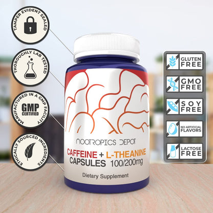 Nootropics Depot Koffein und L-Theanin Kapseln | 60 Kapseln | 100 mg Koffein + 200 mg L-Theanin | Natürliches Nahrungsergänzungsmittel | Energie-Booster | Mentale Konzentration + Wachsamkeit | Kaffee-Alternative