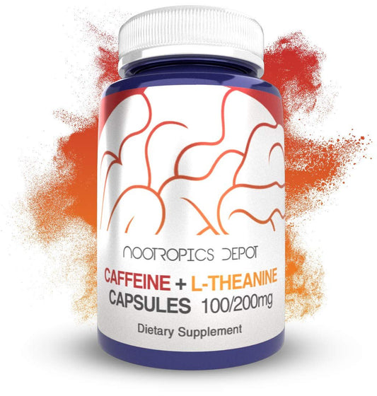 Nootropics Depot Koffein und L-Theanin Kapseln | 60 Kapseln | 100 mg Koffein + 200 mg L-Theanin | Natürliches Nahrungsergänzungsmittel | Energie-Booster | Mentale Konzentration + Wachsamkeit | Kaffee-Alternative