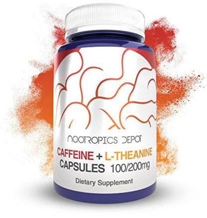 Nootropics Depot Koffein und L-Theanin Kapseln | 60 Kapseln | 100 mg Koffein + 200 mg L-Theanin | Natürliches Nahrungsergänzungsmittel | Energie-Booster | Mentale Konzentration + Wachsamkeit | Kaffee-Alternative