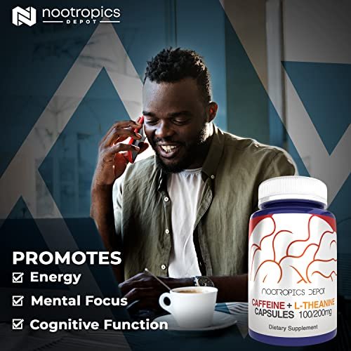 Nootropics Depot Koffein und L-Theanin Kapseln | 60 Kapseln | 100 mg Koffein + 200 mg L-Theanin | Natürliches Nahrungsergänzungsmittel | Energie-Booster | Mentale Konzentration + Wachsamkeit | Kaffee-Alternative
