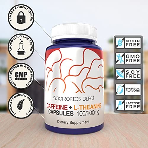 Nootropics Depot Koffein und L-Theanin Kapseln | 60 Kapseln | 100 mg Koffein + 200 mg L-Theanin | Natürliches Nahrungsergänzungsmittel | Energie-Booster | Mentale Konzentration + Wachsamkeit | Kaffee-Alternative