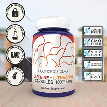 Nootropics Depot Koffein und L-Theanin Kapseln | 60 Kapseln | 100 mg Koffein + 200 mg L-Theanin | Natürliches Nahrungsergänzungsmittel | Energie-Booster | Mentale Konzentration + Wachsamkeit | Kaffee-Alternative