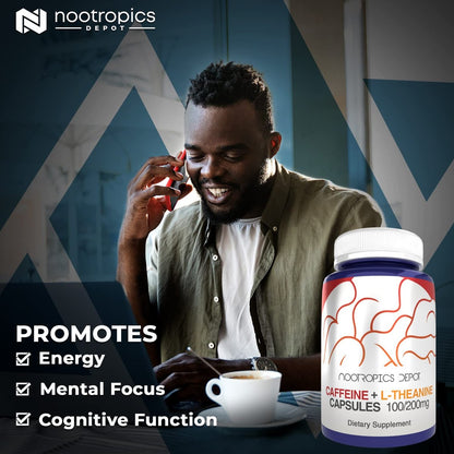 Nootropics Depot Koffein und L-Theanin Kapseln | 60 Kapseln | 100 mg Koffein + 200 mg L-Theanin | Natürliches Nahrungsergänzungsmittel | Energie-Booster | Mentale Konzentration + Wachsamkeit | Kaffee-Alternative