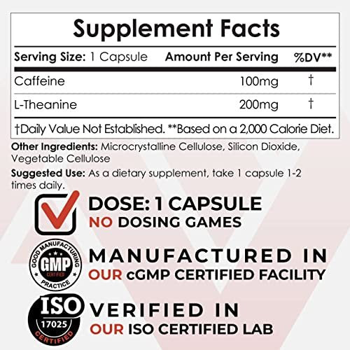 Nootropics Depot Koffein und L-Theanin Kapseln | 60 Kapseln | 100 mg Koffein + 200 mg L-Theanin | Natürliches Nahrungsergänzungsmittel | Energie-Booster | Mentale Konzentration + Wachsamkeit | Kaffee-Alternative