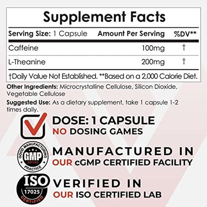 Nootropics Depot Koffein und L-Theanin Kapseln | 60 Kapseln | 100 mg Koffein + 200 mg L-Theanin | Natürliches Nahrungsergänzungsmittel | Energie-Booster | Mentale Konzentration + Wachsamkeit | Kaffee-Alternative